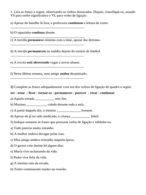 Exercicios De Verbo De Ligacao - Exercícios sobre Verbos de Ligação | PDF