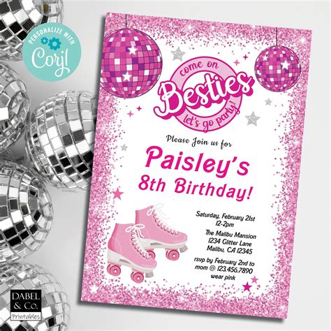 Pink Sparkle Birthday Invitation Disco Ball Roller Skates Party