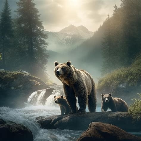 Premium Ai Image A Bear And Two Cubs Are Standing On A Rock In Front