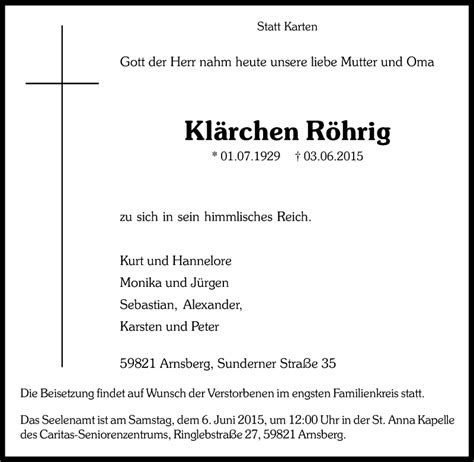 Traueranzeigen Von Kl Rchen R Hrig Trauer In Nrw De