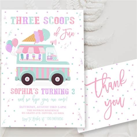 Editable Ice Cream Truck Three Scoops Of Fun 3rd Birthday Etsy