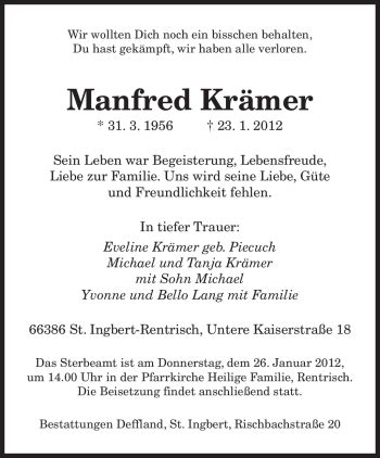 Traueranzeigen von Manfred Krämer Saarbruecker Zeitung Trauer de