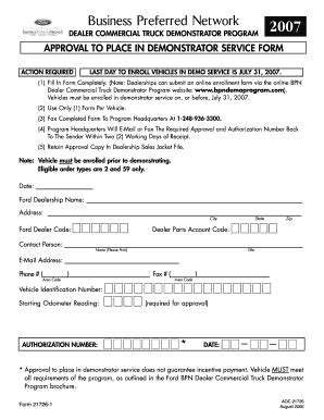 Fillable Online APPROVAL TO PLACE IN DEMONSTRATOR SERVICE FORM Fax