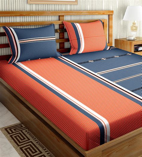 Buy Orange Geometric 180 Tc Cotton 1 Double King Size Bedsheet With 2