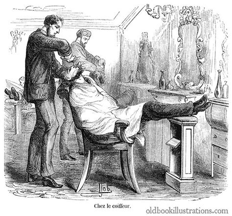 At The Barber Shop Old Book Illustrations