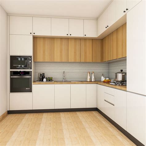 L-Shaped Kitchen Design In White And Wood | Livspace