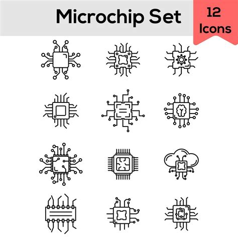 Black Line Art Illustration Of Microchip Icon Set Vector Art