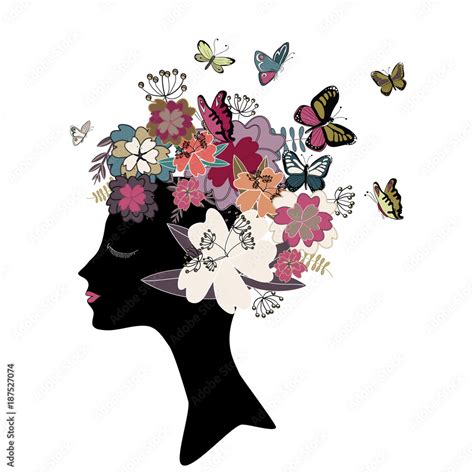 Woman S Head Black Silhouette With Butterflies And Flowers In Vintage