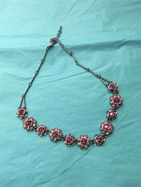 Vintage Avon Pink Rose Necklace Bottle Necklace Rose Necklace Silver