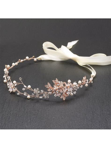 Rose Gold Freshwater Pearl And Crystal Bridal Ribbon Headband Hair Vine C012j5becwd