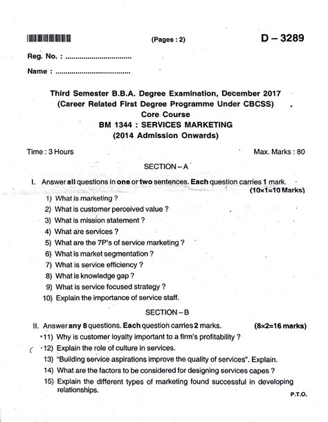 Service Marketing Questions Paper Bm 1344 D 3289 Pages 2 D Reg