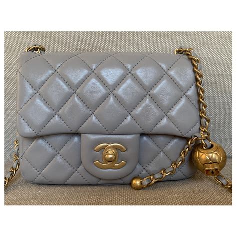 Chanel Runway Light Grey Square Mini Flap Pearl Crush Bag Lambskin Ref