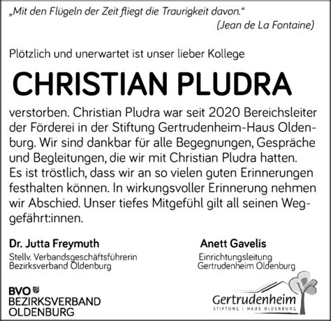 Traueranzeigen Von Christian Pludra Nordwest Trauer De