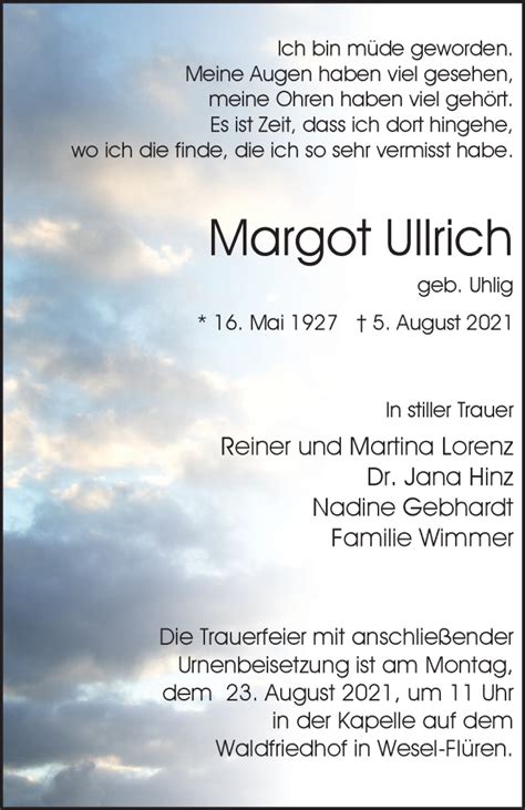 Traueranzeigen Von Margot Ullrich Trauer In Nrw De