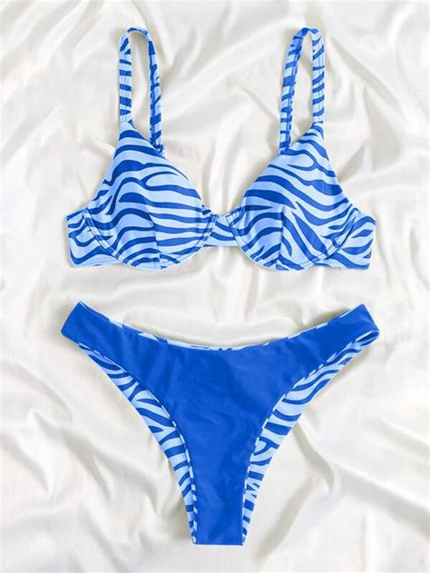 SHEIN Swim Vcay Zebra Striped Bikini Set Wireless Underwire Top