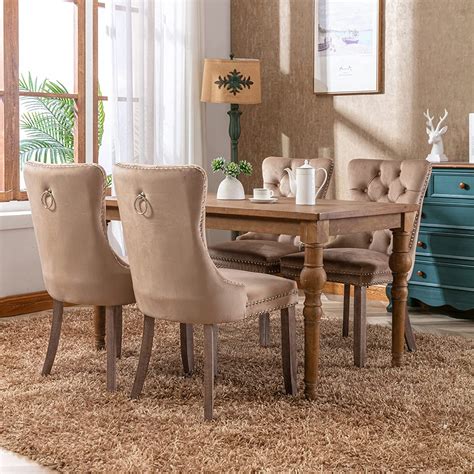 Oduse Daily Velvet Upholstered Dining Chairs Set Of 4 Solid Wood Legs