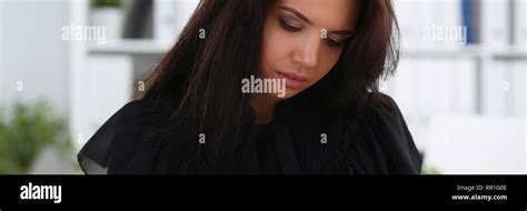 Beautiful Smiling Brunette Woman Sit At Table Stock Photo Alamy