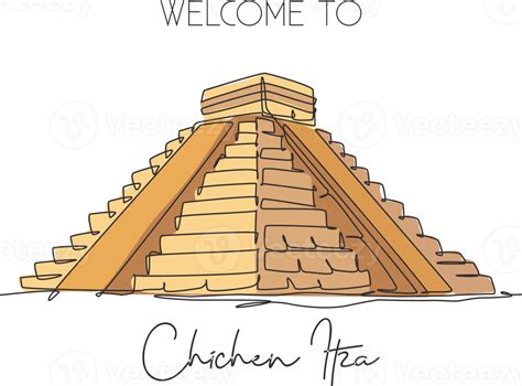 One Continuous Line Drawing Chichen Itza Mayan Pyramid Landmark World