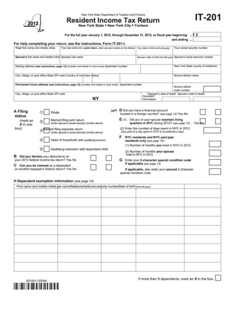 Fillable Form It 201 Resident Income Tax Return 2012 Printable Pdf