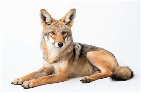 Un Lobo Acostado Sobre Una Superficie Blanca Foto Premium