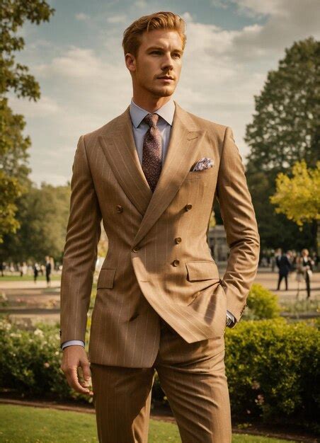 Premium Photo A Blonde Ginger Gentleman In Light Brown Pinstripe Double Breasted Suit Standing