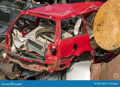 Damaged Red Car In A Wreck Yard Stock Image Image Of Metal Damaged