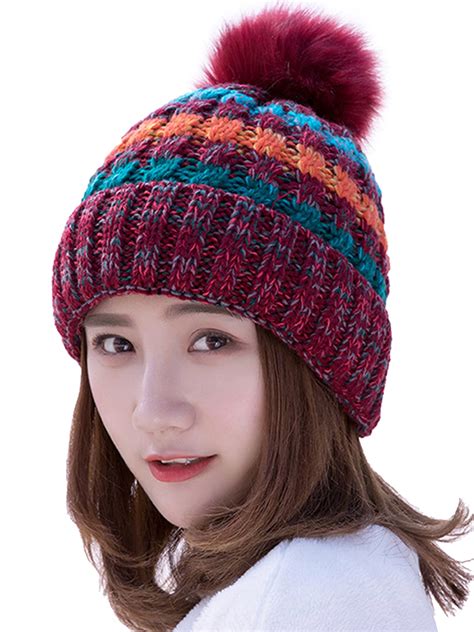 Womens Cable Knitted Bobble Winter Warm Slouchy Pom Pom Ski Beanie Hat