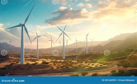 Wind Turbines Generate Electricity At Sunrise Wind Farm With Tall Wind Turbines To Generate