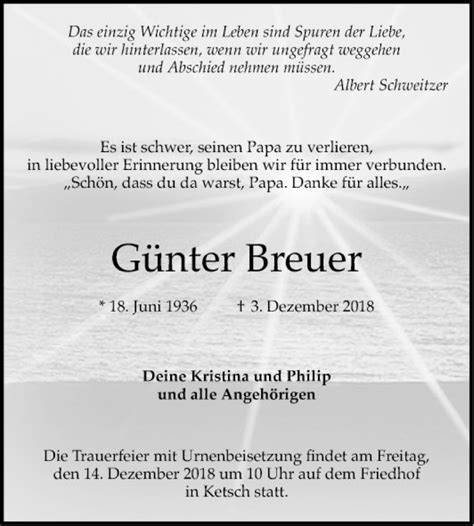 Traueranzeigen von Günter Breuer Trauerportal Ihrer Tageszeitung