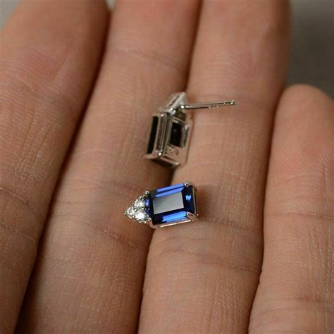 4ct Emerald Cut Blue Sapphire Solitaire Stud Earrings 14k White Gold