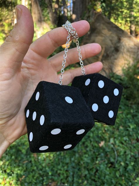 Big 2 Black Fuzzy Dice With White Dots And Chain Or Cord Car