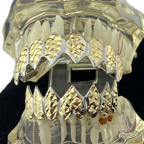 Two Tone Diamond Cut Shark Teeth Grillz Set