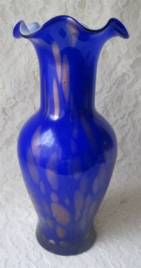 Vintage Cobalt Blue Hand Blown Art Glass Fluted Vase With Gold Etsy