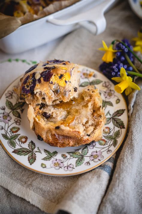 Soft Sourdough Hot Cross Buns Recipe With Edible Flowers Fare Isle