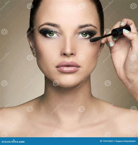 Makeup Artist Applies Mascara Beautiful Woman Face Beauty Girl With