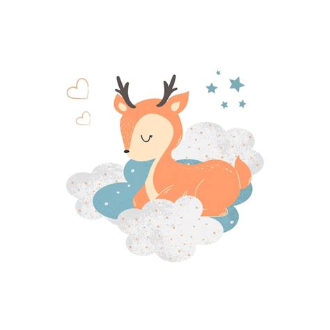 Premium Vector | Illustration of cute sleeping baby deer on clouds baby ...