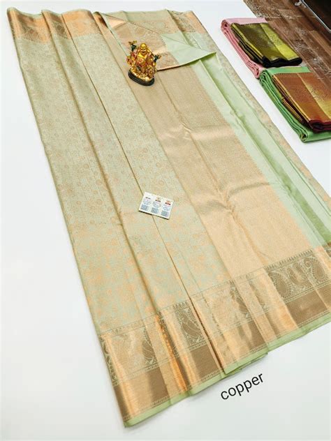 Floral Design Kanjivaram Pure Wedding Silk Saree Light Pista And Copper