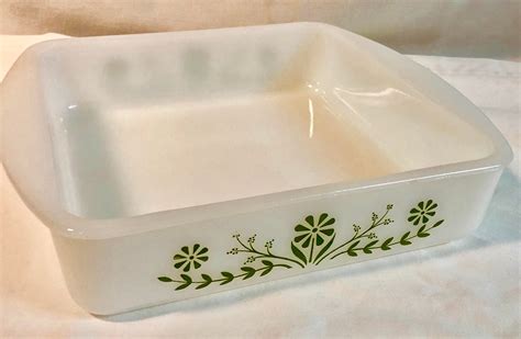 Vintage Pyrex Square Baking Dish Green Floral Pattern