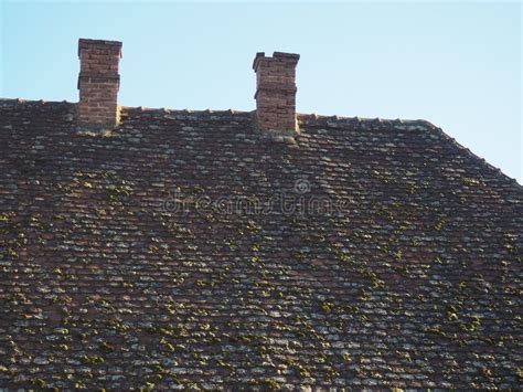 Tiled Roof With Twin Tailpipes Old Tiles With Moss And Lichens On The