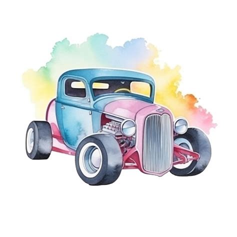 Uma Pintura Em Aquarela De Um Carro Antigo Uma Pintura Rosa E Azul