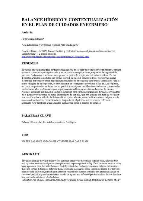 Balance H Drico Y Contextualizaci N En El Plan De Cuidados Enfermero