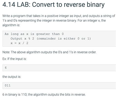 Solved Lab Convert To Reverse Binary Write A Program Chegg