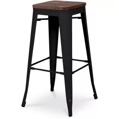 Banqueta Taburete Tolix Wood Negro Mate Asiento De Madera