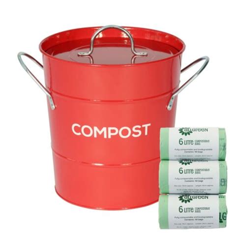 Red Compost Caddy 150x 6L Biobags Kitchen Compost Bin Metal Pail