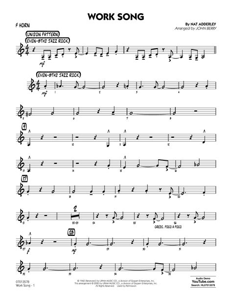 Work Song Arr John Berry F Horn By Cannonball Adderley Sheet Music