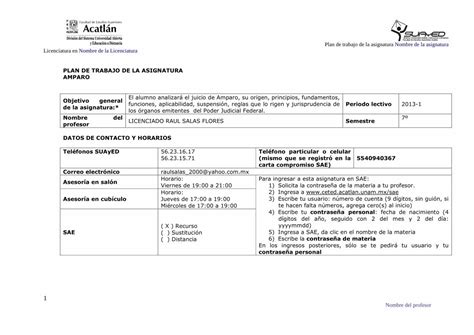 Pdf Plan De Trabajo De La Asignatura Amparo Periodo Lectivo