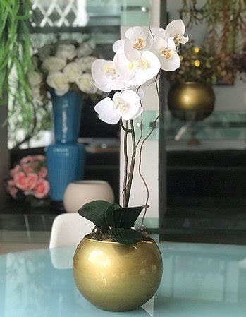 Orqu Dea Branca Artificial Em D Vaso Vidro Dourado Deco E Flor