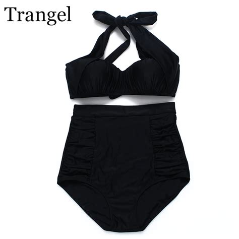 Trangel Plus Size Sexy Swimsuit Strappy Halter Bikini High Waist Swimwear Women Fold Black