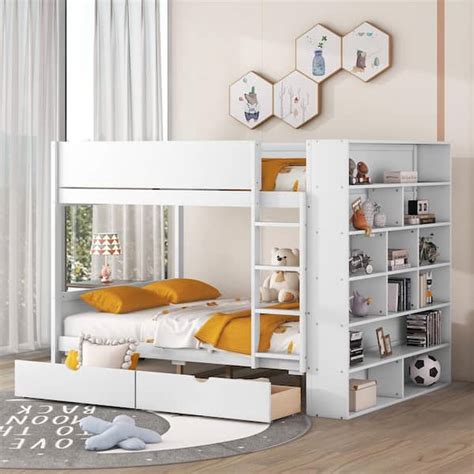 Harper Bright Designs White Full Over Full Wood Bunk Bed With Multi