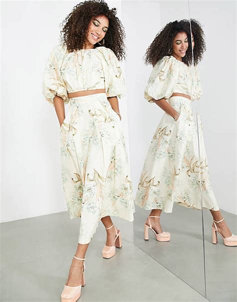 Asos Edition Drape Front Midi Skirt In Bloom Print Asos